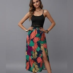 Tropical Floral Split Thigh Cami Dress